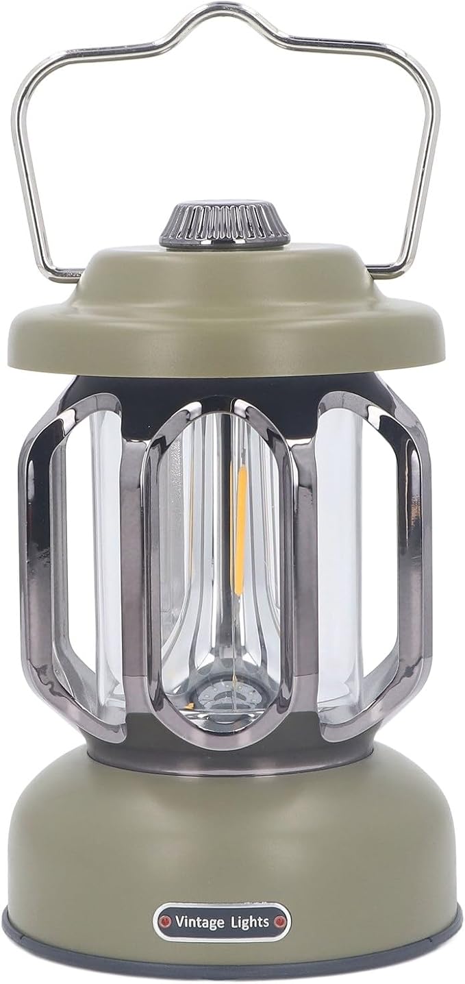 Retro Camping Lantern, Rechargeable LED Tent Lamp with 3 Light Modes, Dimmable Vintage Camping Light with Hook, USB Type C Portable Lantern for Garden Outdoor (Green)