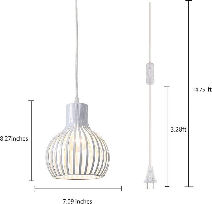Industrial Plug in Pendant Lighting Metal Wire Cage Hanging Light Fixture with 14.27 Ft Hanging Cord and On/Off Switch (White)