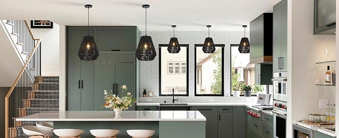 13” Boho Hand Woven Rattan Mini Chandelier Matte Black Classic Pendant Light for Kitchen Island Dining Room Hallway, UL Listed
