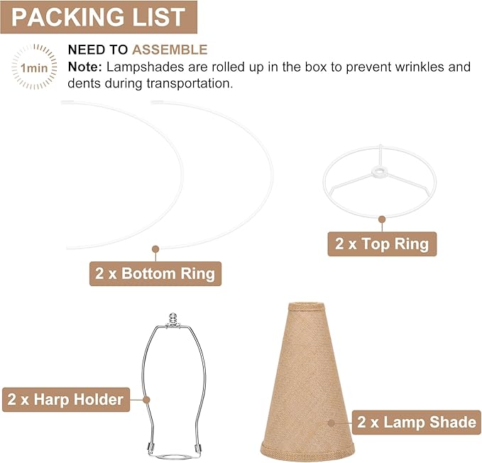 Burlap Empire Lamp Shades Set of 2, 6" Top x 16" Bottom x 10.8" High, Brown Lamp Shades for Table Lamps Floor Lamps, Natural Linen Lampshades Replacement, Spider, Harp Holders Included, Easy Assembly