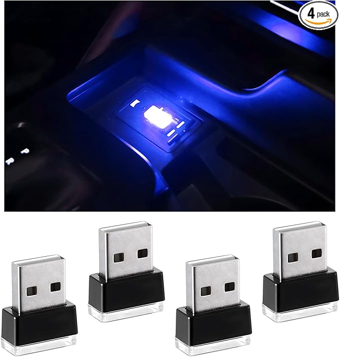 4 PCS USB LED Car Interior Atmosphere Lamp, Portable Plug-in 5V USB Car LED Interior Lighting Night Lamp, Mini USB Ambient Lighting Decor for Home Car Laptop Keyboard (Blue)