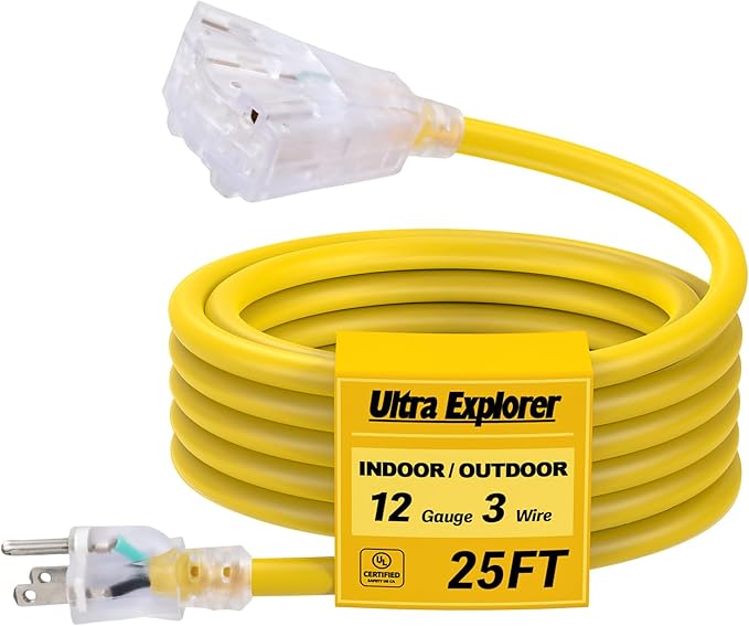 25 Ft Lighted Outdoor Extension Cord with 3 Electrical Power Outlets - 12/3 SJTW Heavy Duty Yellow Extension Cable with 3 Prong Grounded Plug for Safety, UL Listed
