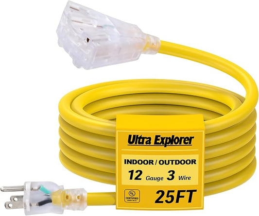 25 Ft Lighted Outdoor Extension Cord with 3 Electrical Power Outlets - 12/3 SJTW Heavy Duty Yellow Extension Cable with 3 Prong Grounded Plug for Safety, UL Listed