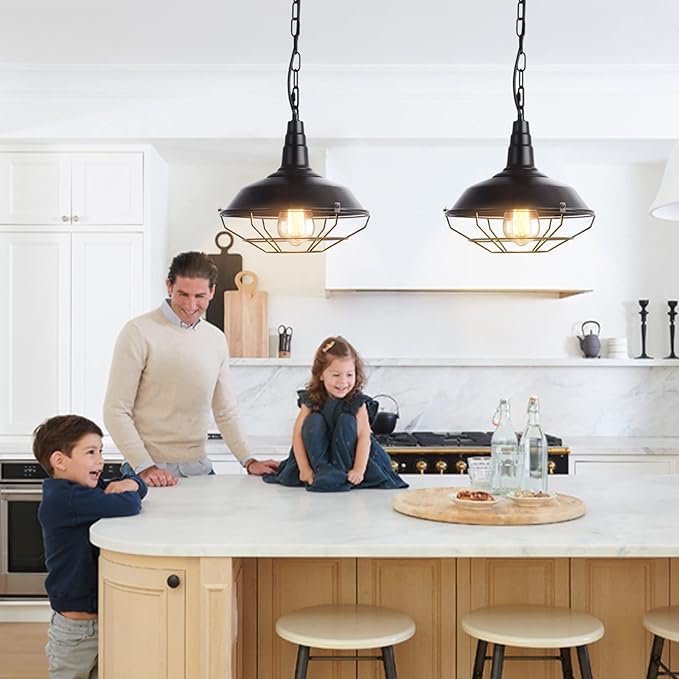 Industrial Pendant Lights 2 Pack Farmhouse Pendant Lights with Adjustable Chain, D10.2 Rustic Pendant Lighting Barn Black Metal Hanging Lights with Wire Cage for Kitchen Island Dining Room