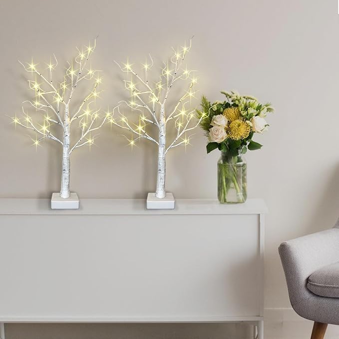 2-Pack Lighted Easter Spring Mothers Day Christmas Tree Decorations Indoor, 2ft Birch Tree with LED Lights, Small Tabletop Patriotic Valentines Day Tree with Lights,Battery- Powered
