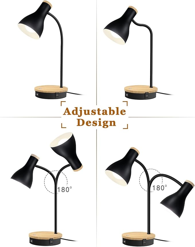 Metal Desk Lamp Wireless Charging Table Lamp Touch Reading Lights Arc Desk Lamps for Bedroom, 3 Way Dimmable Bedside Lamp with USB Charging Ports Lamp for Study Room and Office (Black)