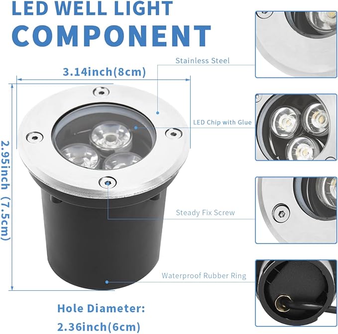 Eaglod Low Voltage LED Well Lights, 3W Landscape Lighting with Connectors, IP67 Waterproof Outdoor In-Ground Lights, Warm White for Garden, Tree, Driveway, Deck, Patio (10Pack, 12V-24V)