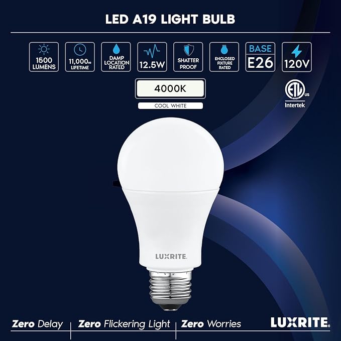 LUXRITE A19 LED Light Bulb 100 Watt Equivalent, 4000K Cool White, 1500LM, Non-Dimmable, Standard LED Light Bulbs, 12.5W, E26 Base, Enclosed Fixture Rated, Damp Rated, ETL Listed (8 Pack)