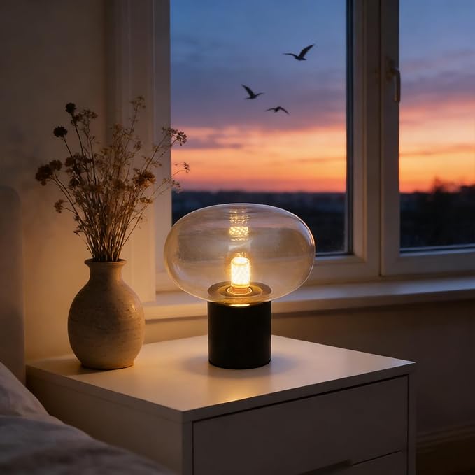 Mushroom Table Lamp Marble Base Glass Shade, Art Deco Bedside Nightstand Lamp for Living Room Bedroom Office, 12W E27 LED Bulb Included - 9''Lx 9.84''H,Illumination Area: 3-5㎡/32-54ft² (Amber)
