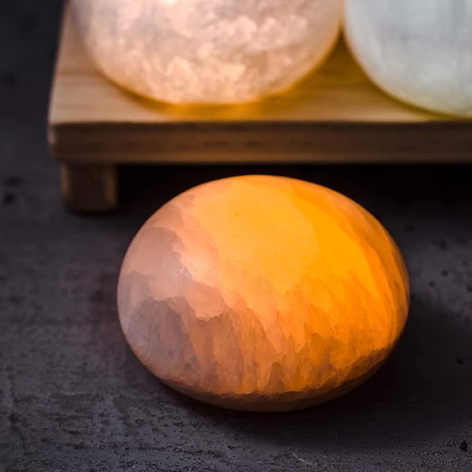Selenite Lamp Hand Carved Stone Lamp Rechargeable Taplights Selenite Crystal Light with Dimmer (White/Warm/Yellow) for Bedroom Healing Natural Crystal Light (1 Piece, Round Taplight)