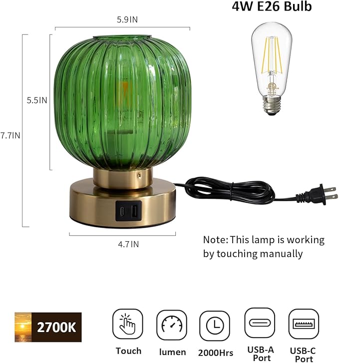 Touch Control Small Table Lamp Set of 2, Elegant Green Glass Bedside Lamp 3 Way Dimmable with USB C+A Charging Ports - Bedroom Nightstand & Living Room Essential, 4W Bulb Included