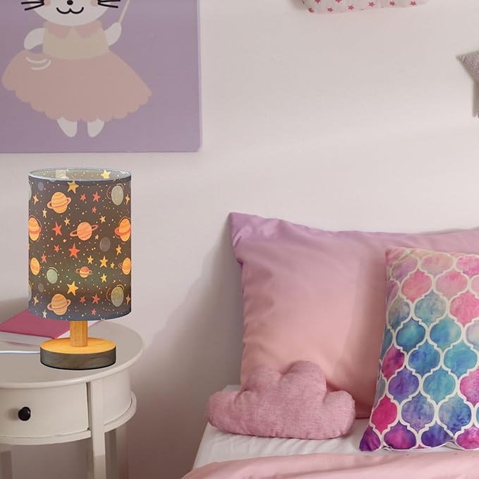 Cute Solar System with Planets Stars Bedside Table Lamps with USB Port for Bedroom Lamp Small Nightstand Lamp Sturdy Linen Shade Wooden Base Decorative Lamps for Kids Reading Dorm Home