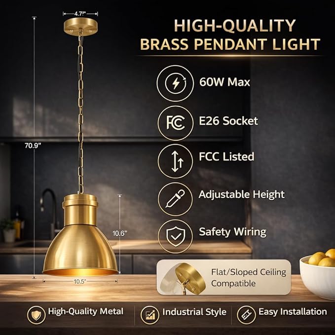 BoostArea Gold Pendant Lights Kitchen Island, 10.6" Large Metal Shade and 70.9'' Adjustable Height, Modern Pendant Lighting Fixtures,Farmhouse Hanging Pendant Light for Kitchen Island/Bar,No E26 Bulb