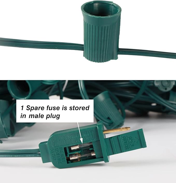 25FT C9 Light String Christmas Stringer, E17 C9 Light Sockets 12" Spacing, C9 Stringer Set Green Outdoor String Light Strand for Wedding Patio Event Lighting Decor, Green Wire