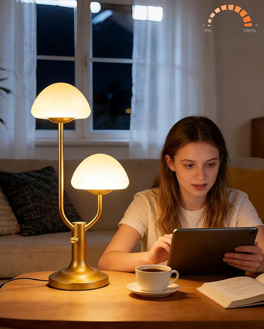 Lightdot Mushroom Table Lamp for Bedroom, Desk Bedside Small Lamps for Living Room Night Stands, Cute Modern Mid Century Lamps Dimmable with 2 LED Bulbs, Unique Aesthetic Home Decor-Gold