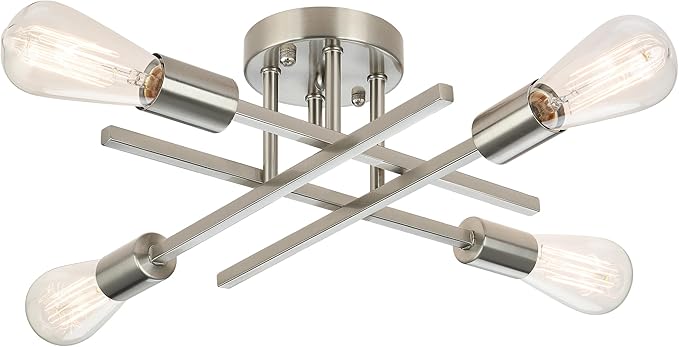 SunRider Industrial 4-Light Semi Flush Mount Ceiling Light Fixture, Brushed Nickel Indoor Farmhouse Lamp, Rustic Sputnik Chandelier for Kitchen, Large