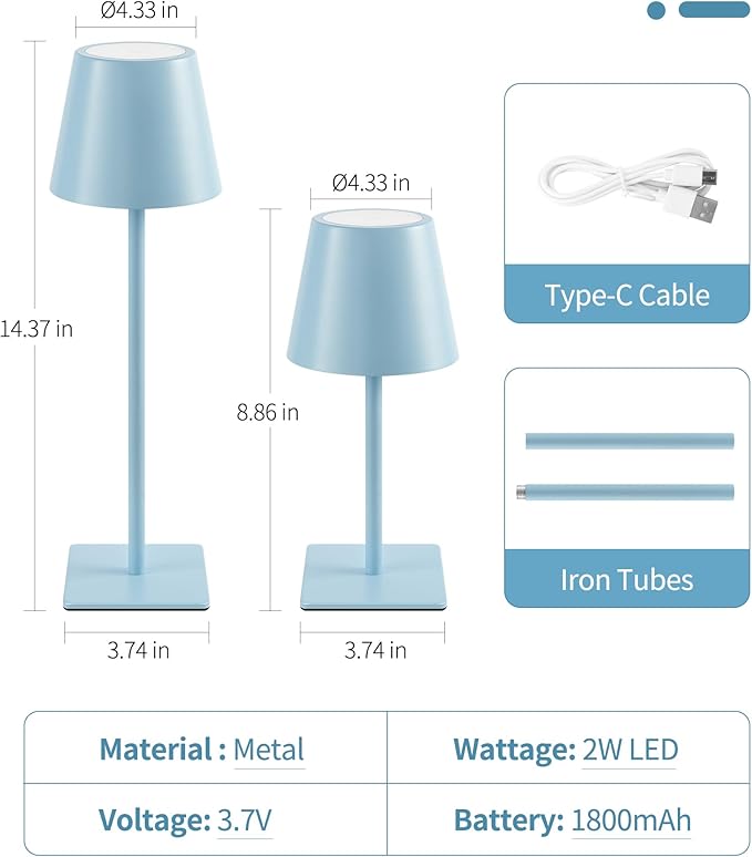 UME 3 Pack Cordless Table Lamp, Battery Operated Lamp - Portable Waterproof Rechargeable Table Lamp w/ 3 Color Temps & Stepless Dimming for Dinner, Desk, Cafe, Outdoor (Blue)