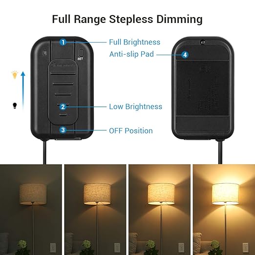 DEWENWILS Plug in Dimmer Switch for Lamp, Push/Foot Dimmer Plug, Table Lamp Dimmer for Dimmable LED/CFL/Incandescent Bulb, Full Range Slide Control, 5 ft Extension Cord, ETL Listed, Black