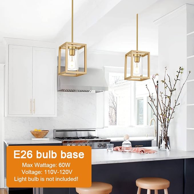 VINLUZ 1-Light Rustic Chandelier in Gold Finish Modern Industrial Pendant Lighting Fixture with Clear Glass Shade Hanging Ceiling Light for Dining Room