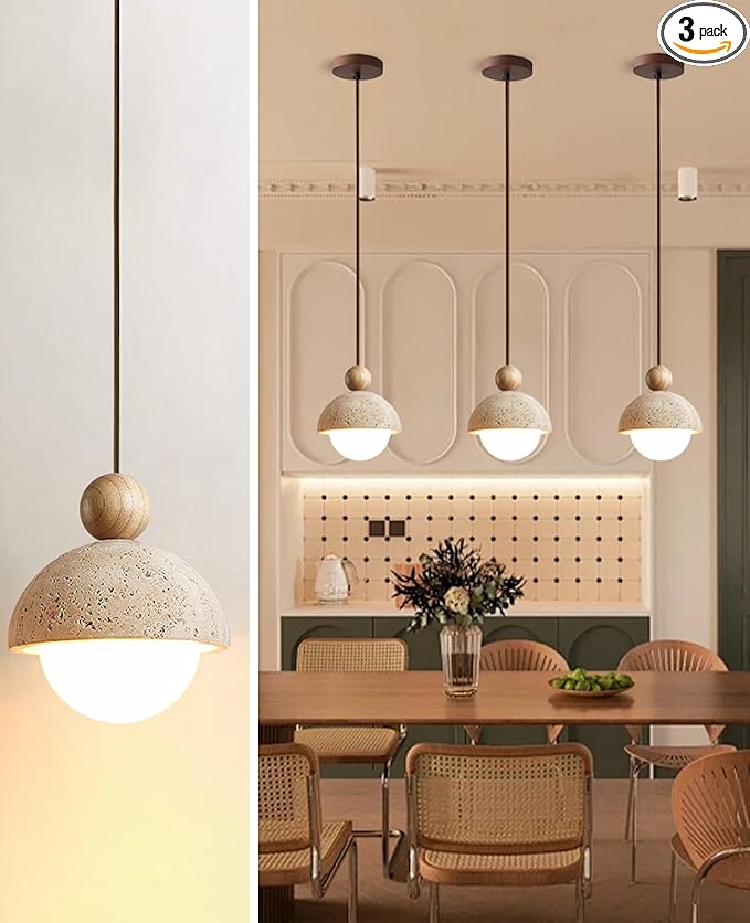 Spherical Wabi Sabi Pendant Light Natural Stone Retro Japanese Style Vintage Mini Wood Nordic Hanging Light Yellow Travertine Pendant Light Fixture for Kitchen Island Bedroom Hallway Bedside (3PCS)