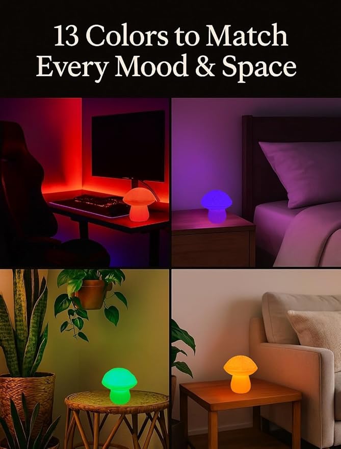 Mushroom Lamp - Small Bedside Night Light with Remote - 13 Color Options, Dimmable & USB Powered - Cozy Ambient Lighting for Bedroom, Kids Room, Dorm - Aesthetic Small Table Lamp Gift