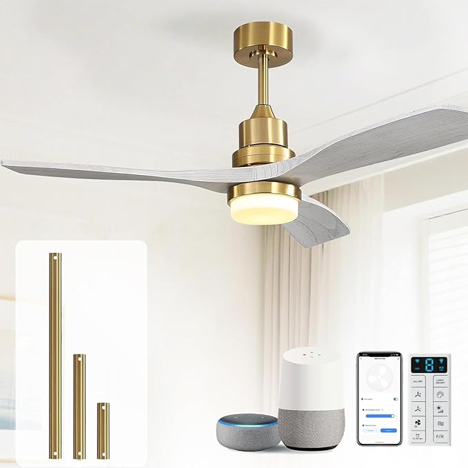 Sofucor 52 Inch Smart Ceiling Fans with Lights and Alexa/Google Assistant/APP/Remote Control-Modern Solid Wood Outdoor 3 Blades Ceiling Fan for Bedroom Living Room Indoor Farmhouse Patio, Grey Gold