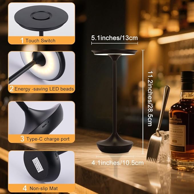 Rechargeable Cordless Table Lamp,Portable Outdoor Battery Operated LED Table Light Touch Control 3 Color Dimmable for Bedroom, Patio, Cofee,Dining Home,Restaurant&Living Room-Black