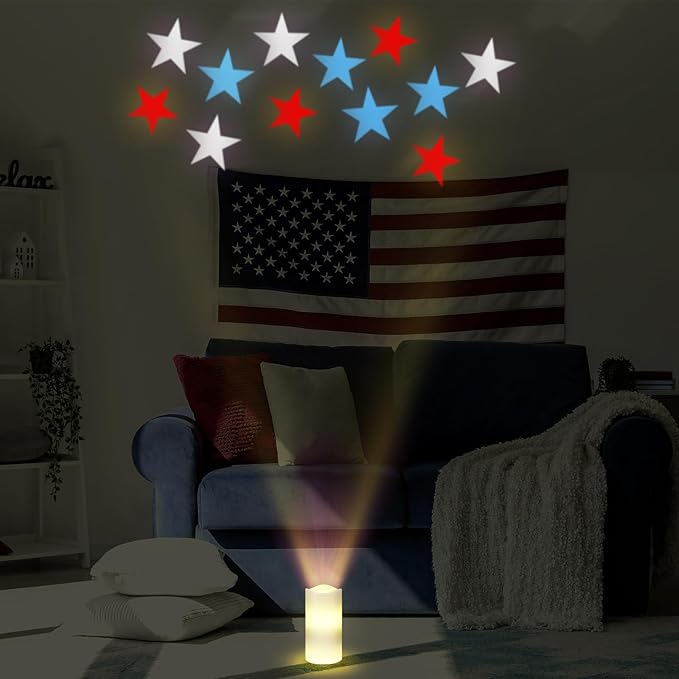 Baquler 4th of July Flameless Candles Patriotic Candles Projector Lights Colorful LED Candle Battery Operated Night Light with Remote and Timer Indoor Bedroom Decor