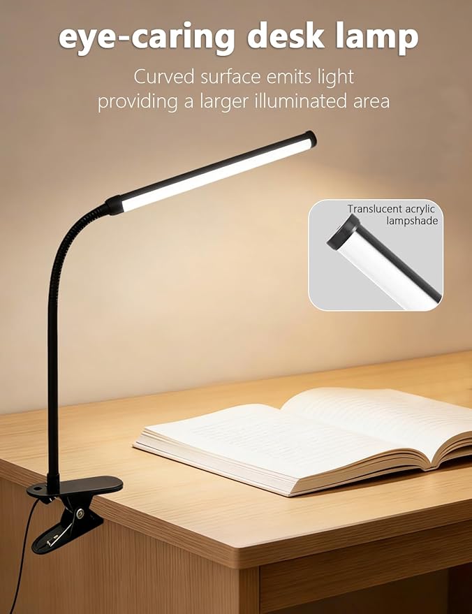 2 Pack LED Clip on Reading Light, 360 Flexible Gooseneck Dimmable Desk Lamp with Clamp, Eye-Caring Bedside Lamp for Bedroom Office Home Study, Computer Monitor Light Bar