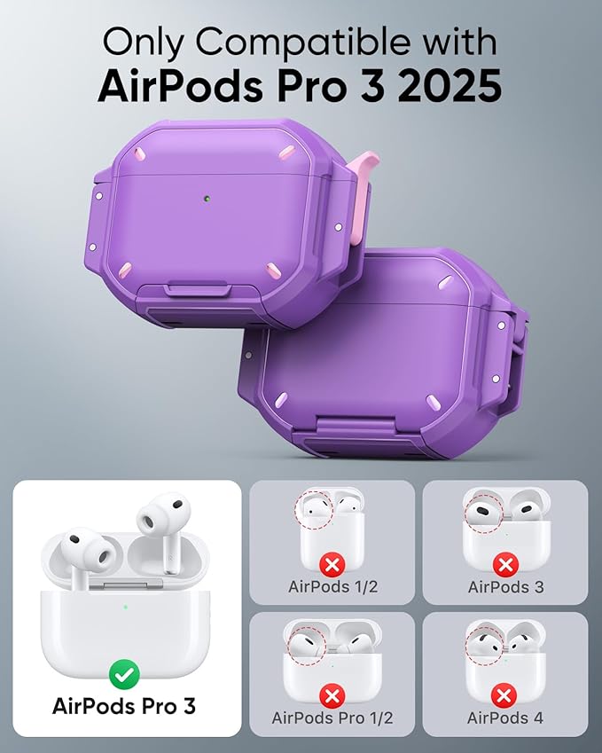 MoKo for AirPods Pro 3 Case with Secure Lock - IP68 Waterproof Case for iPods Pro 3, Military-Grade Protective Cover Earpods Pro 3 with Keychain, Phone Stand & Cleaner Kit, Purple