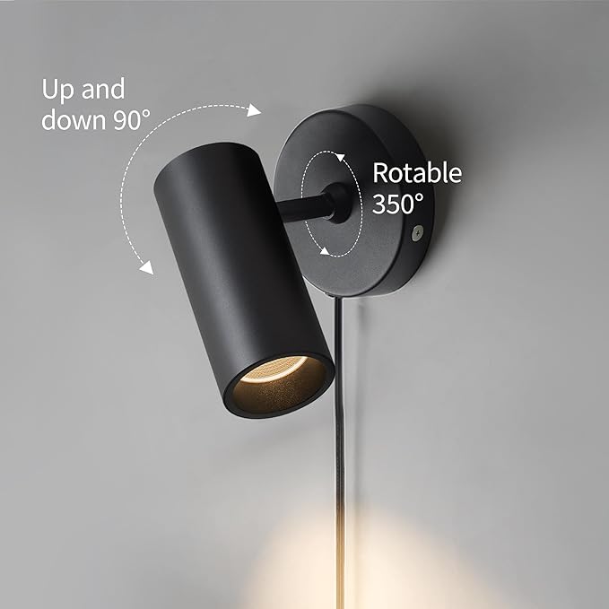 Aisilan LED Adjustable Wall Spotlight, 12W Plug-in Wall Sconce, Directional Uplight with On/Off Switch, Aluminum Spot Light Warm White 3000K COB CRI≥97, for Art Floor Ceiling Lighting, Black