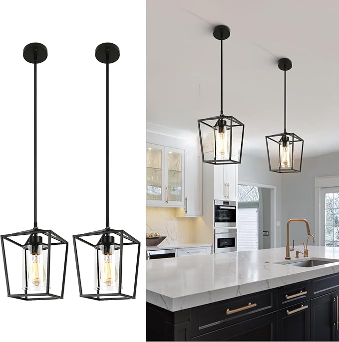 2 Pack Black Pendant Light Fixture 1-Light Farmhouse Pendant Lights Kitchen Island Lantern Iron Cage Hanging Lights with Clear Glass Shade for Entryway Dining Room Hallway Porch