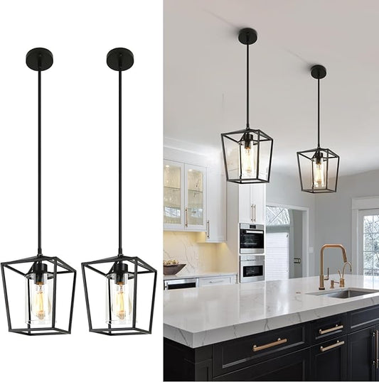 2 Pack Black Pendant Light Fixture 1-Light Farmhouse Pendant Lights Kitchen Island Lantern Iron Cage Hanging Lights with Clear Glass Shade for Entryway Dining Room Hallway Porch