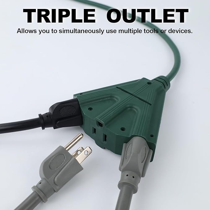 EP 2 Pack 25 Ft Outdoor Extension Cord with 3 Electrical Power Outlets - 16/3 SJTW Green Cable with 3 Prong Grounded Plug for Safety Great for Christmas Lights, Garden and Major Appliances