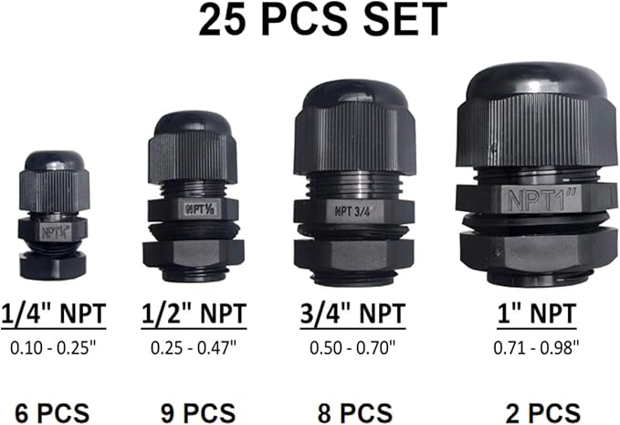25 Pcs 1/4" 1/2" 3/4" 1" NPT Black Nylon Cable Gland, Waterproof IP68 Adjustable Locknut Cable Diameter Waterproof Connectors Black Cord Grip