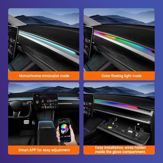 LED Car Ambient Lighting Strip for Tesla High Brightness with APP Control Multiple Colors and Car LED Strip Lighting Neon Lights for Model 3/Y (Dashboard& 4 Floor Lights)
