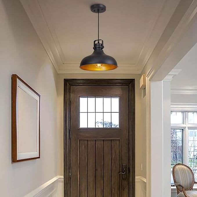 Black Farmhouse Pendant Lights Matte Pendant Lighting for Kitchen Island Industrial Adjustable Height Vintage Dome Hanging Light Fixtures for Barn, Dining Room 1 Pack