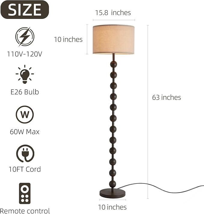 Modern Dimmable Floor Lamp with Remote Control for Living Room Bedroom, Dark Brown Wood Pattern Tall Standing Lamp Light for Home Office Dining Room with Fabric Shade