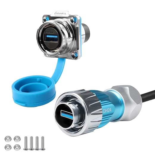 CNLINKO DH-24 USB 3.0 Connectors, Male Plug with 20 Inches Cable, Type A Female Metal Socket, Panel Mount Receptacles Socket, IP68 Waterproof Connector, M24 Signal Connectors (USB 3.0 Set)