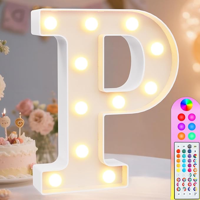 Pooqla Colorful Light Up Letters with Remote, Upgraded 35 Colors LED Marquee Letters, RGB Lighted Letter for Girls Teenager Gift, Birthday, Party, Wedding, Night Light, Room, Bedroom Decor, Letter P
