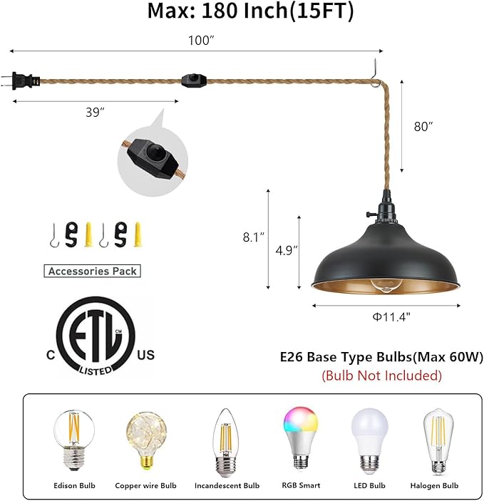 Plug in Pendant Lights Dome Hanging Lamp with Dimmable Switch 15 Ft Long Hemp Rope Farmhouse Pndant Light Cord Lighting Fixture DIY Hanging Light