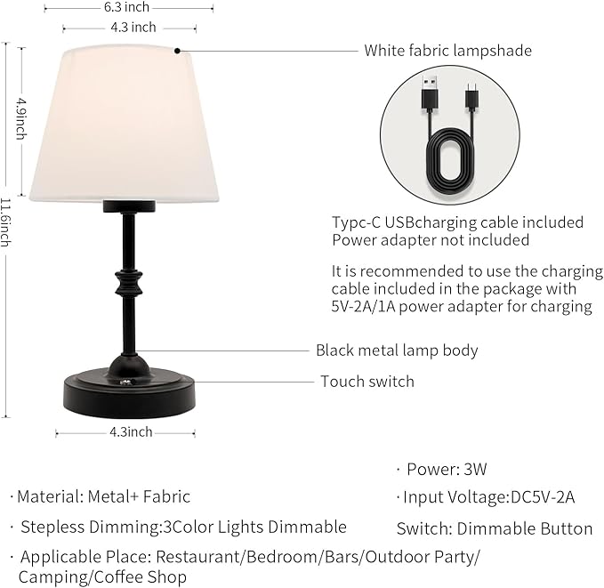 Portables Cordless Table Lamp, LED Fabric Shade Desk Lamp,Rechargeable Battery Operated，Lighting for Bedroom, Bedside,Bar,Living Room, Dining Room, Night Light (Black)
