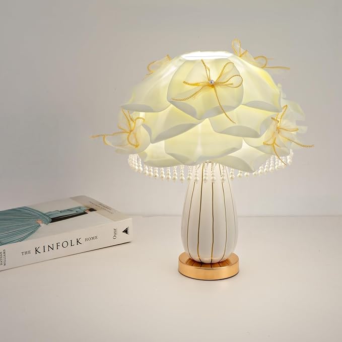 White Flower Girls Table Lamp Modern Princess Desk Lamp Cute Bow Bedside Lamp Nordic Nightstand Petal Light for Bedroom Valentines Dating Wedding Living Room Entry Office Study Room