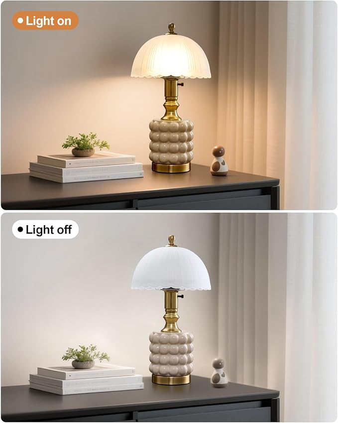 Vintage Lamp for Bedroom,Unique Lamps Cracked Ceramic lamp,UL Rotary Switch Control Glass lamp Shade,Small Table lamp for Living Room Decor Kitchen Lighting (White+Glass)