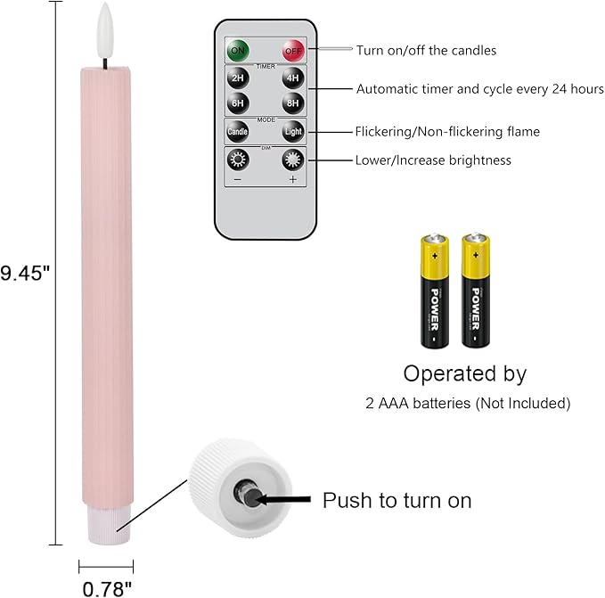 Spring Taper Candles Pastel Flameless Flickering with Remote Timer, Battery Operated Warm Light LED Candles Striped Real Wax Wedding Birthday Party Decor 6 Pack (0.78 X 9.45 Inchs)