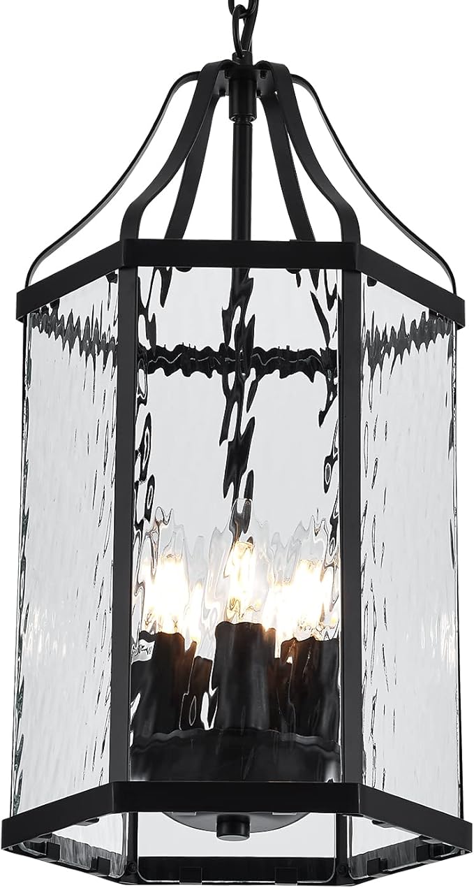 10" Modern 5-Light Exterior Black Lantern Pendant Light Fixture with Clear Rippled Glass Mini Industrial Hanging Cage Chandelier for Outdoor Kitchen Dining Room Hallway Entryway Foyer Porch