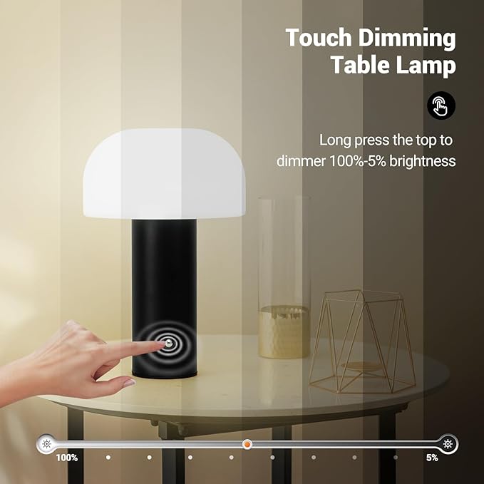 Cordless Mushroom Table Lamp Rechargeable,4000mAH Portable Battery Operated Lamp,3 Color Stepless Dimming Modern Lamps for Bedside Lamps,Touch Dimming Night Light for Home/Restaurant Black