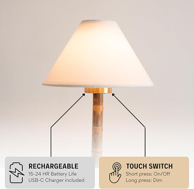 Bamboo Cordless LED Table Lamp – Rechargeable 24-Hour Battery, Dimmable Warm Light, 15" Portable Wireless Lamp with Remote for Indoor/Outdoor Use, Home, Patio, Restaurant – Coastal White