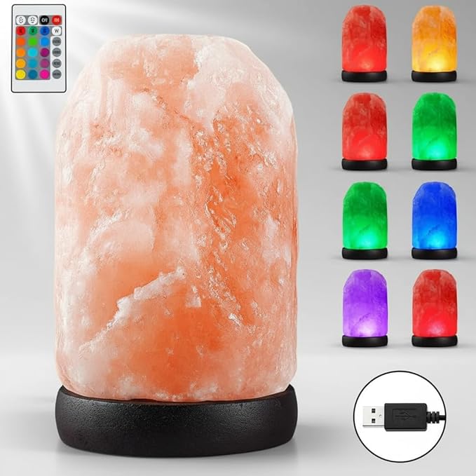 Small Remote Salt Himalayan Salt Lamp 16 Colors, Natural Crystal Salt Rock Lamp Hand Carved Night Lights, USB Salt Crystal Lamp Remote Control Salt Lamp for Home Decor and Gift (1.9lb)