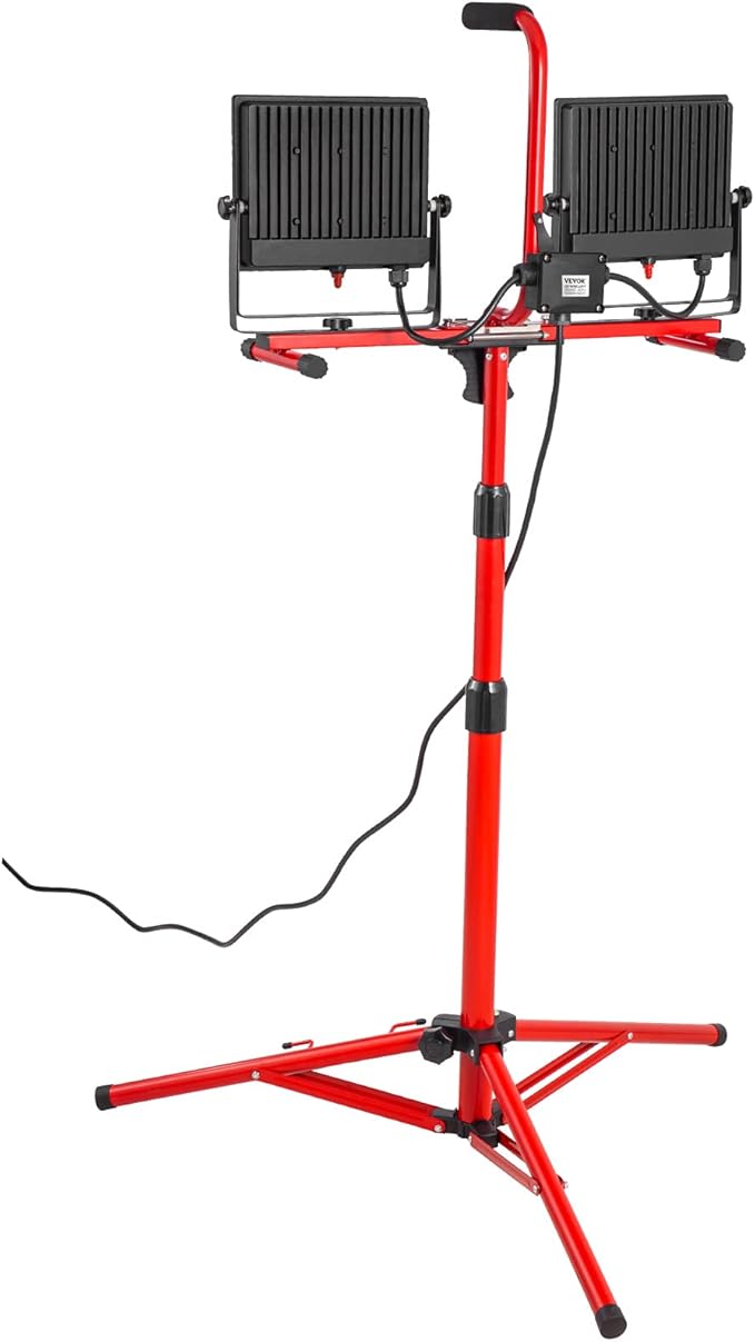 VEVOR LED Work Light with Stand, 20000 Lumen Dual-head LED Work Light with 27.6"-68.1" Adjustable and Foldable Tripod Stand, IP65 Waterproofed LED Tripod Work Light, with 5000 Kelvin Color Temperature